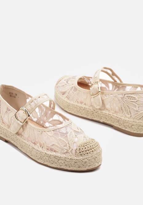 Beżowe Espadryle na Plecionej Podeszwie z Paskiem i Koronkową Cholewką Tatonia
