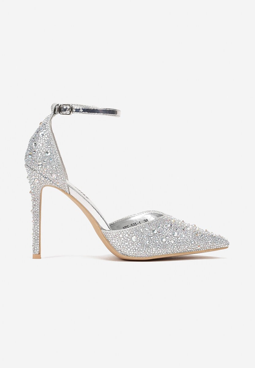 Srebrne Sandały na Szpilce ze Sprzączką Ozdobione Cyrkoniami Alstresa
