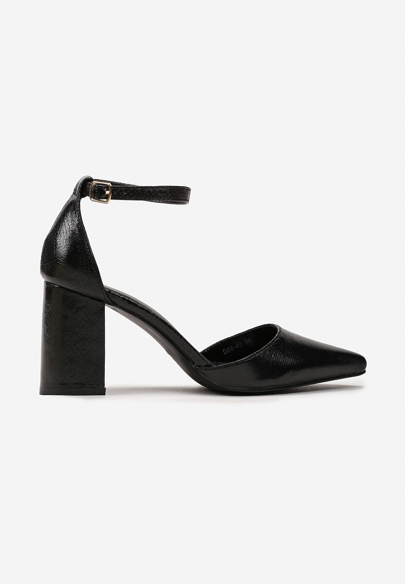 Czarne Czółenka na Obcasie z Metalicznym Połyskiem i Tłoczeniem Efrudia