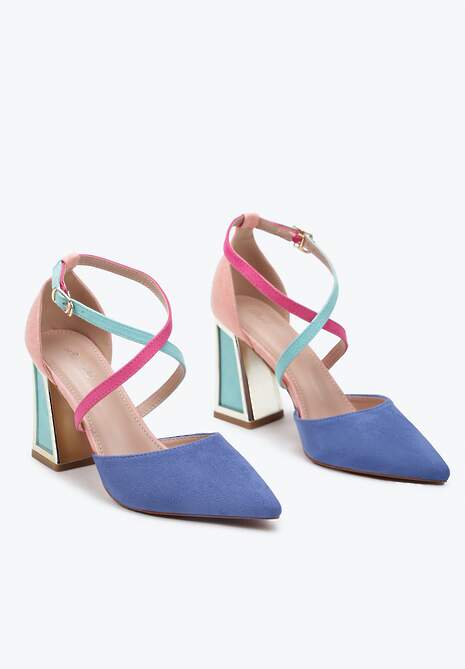 Niebieskie Czółenka na Obcasie w Kształcie Stożka z Metalowym Obramowaniem Haslia