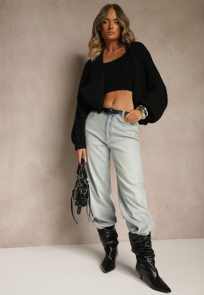 Czarny Niezapinany Kardigan z Wełną i Wiskozą z Dołączonym Topem Belvane