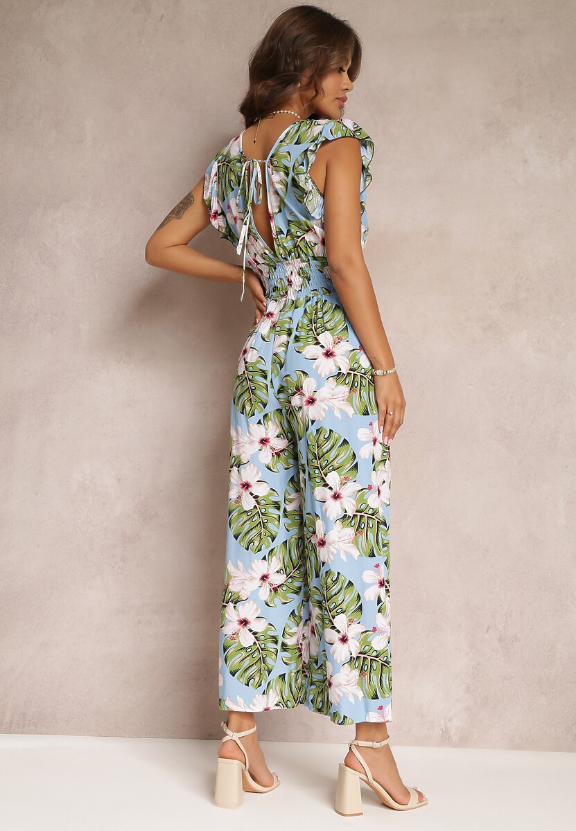 Jasnoniebieski Długi Kombinezon Bawełniany w Kwiaty Vegita