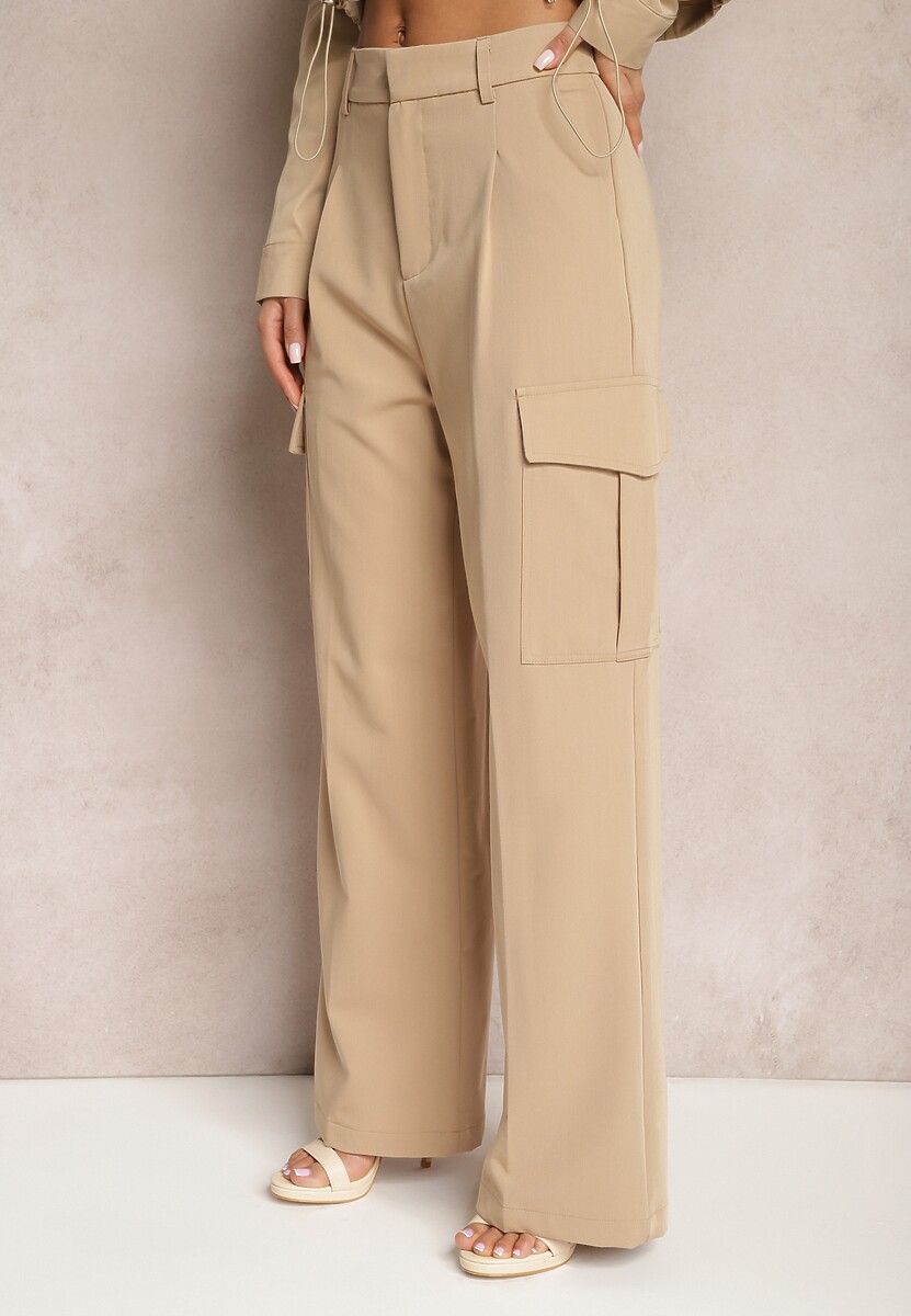 Ciemnoszare Szerokie Spodnie High Waist w Eleganckim Stylu z Kieszeniami Cargo Dekanna