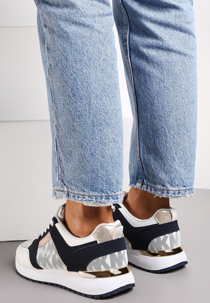 Biało-Granatowe Sznurowane Sneakersy z Nadrukowanymi Literami Dandia