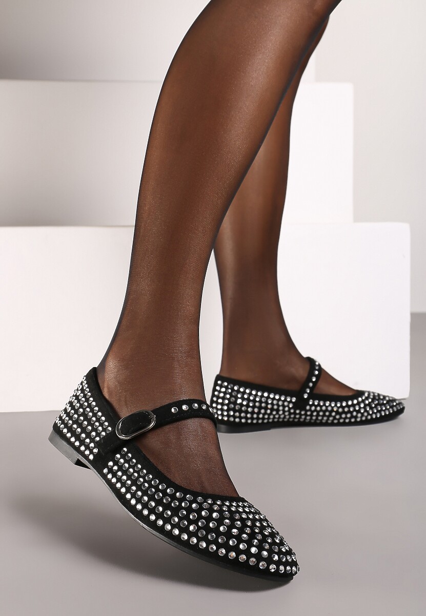 Czarne Balerinki na Płaskiej Podeszwie Mary Jane Ozdobione Cyrkoniami Vilabria