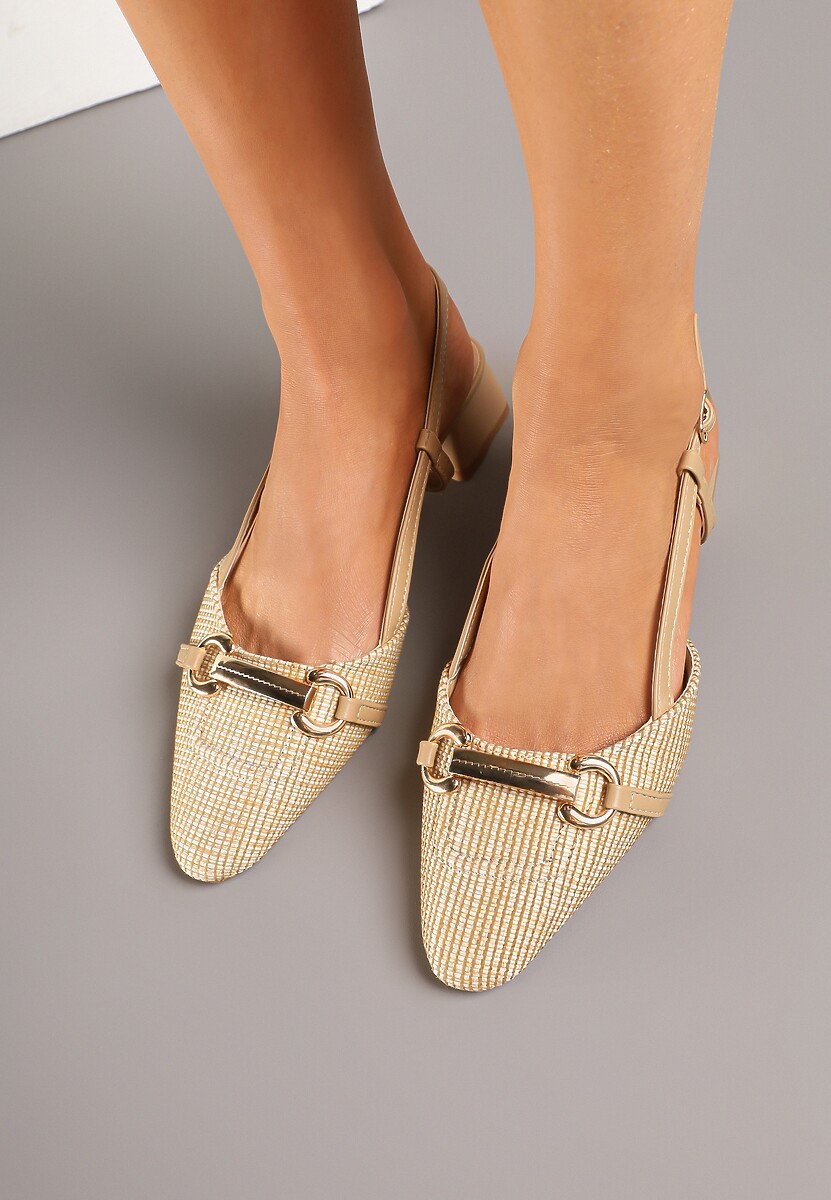 Beżowe Sandały na Słupkowym Obcasie Zdobione Tweedem i Aplikacją Nilioris