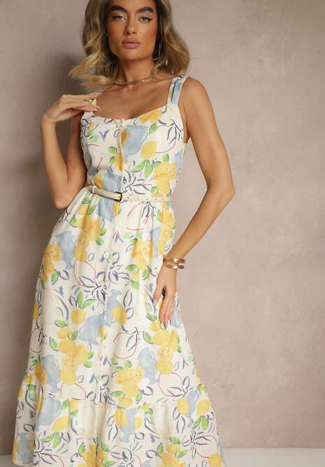 Beżowa Bawełniana Sukienka z Motywem Cytryn Lenvira