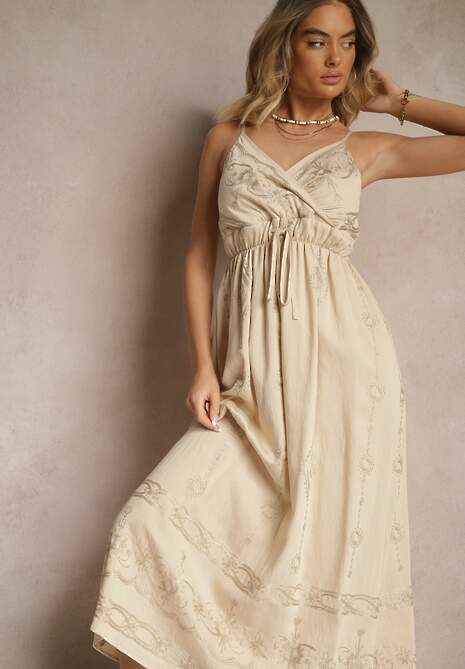 Beżowa Wiskozowa Sukienka o Rozkloszowanym Kroju na Ramiączkach z Haftem Uloranelia