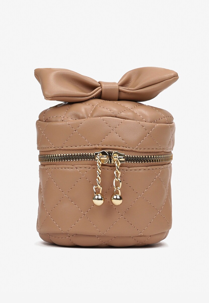 Beżowa Kwadratowa Pikowana Torebka z Ozdobną Kokardą i Suwakami Vianefa