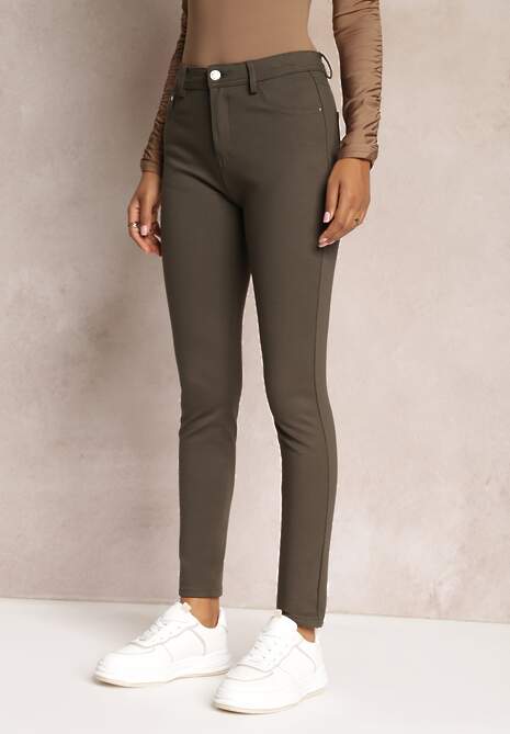 Ciemnozielone Skinny Spodnie z Kieszeniami i Zapięciem na Guzik oraz Suwak Mendieva