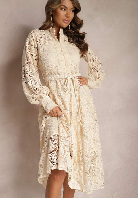 Jasnobeżowa Koronkowa Sukienka Midi z Ozdobnym Wiązaniem Camaela