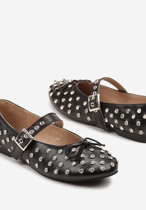 Czarne Balerinki z Ozdobnymi Nitami i Kokardą Ridiante