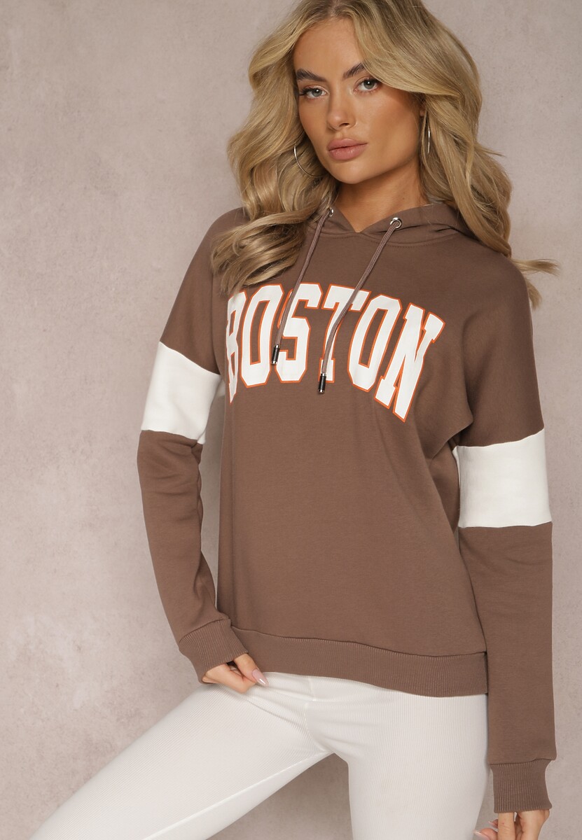 Brązowa Bawełniana Bluza z Kapturem w Amerykańskim Stylu z Napisem i Polarem Iocaste