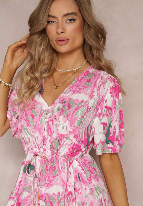 Różowa Rozkloszowana Sukienka Midi z Wiskozy i Ściągaczem w Talii Idalli