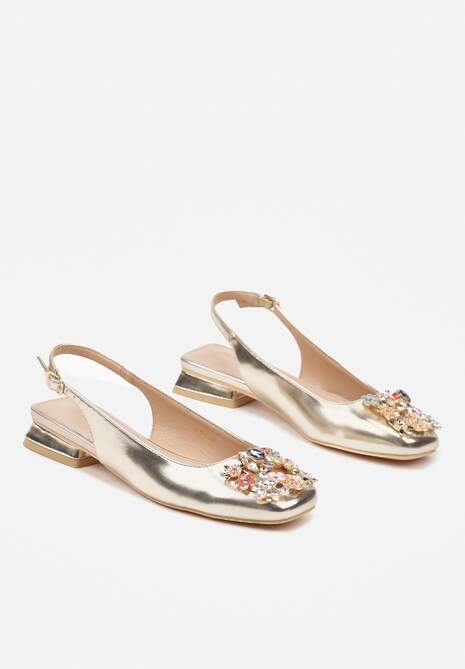 Złote Czółenka Slingback Vices z Cyrkoniami i Wkładką ze Skóry Eklina