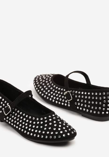 Czarne Balerinki Zapinane na Sprzączkę z Ćwiekami All Over Avretia
