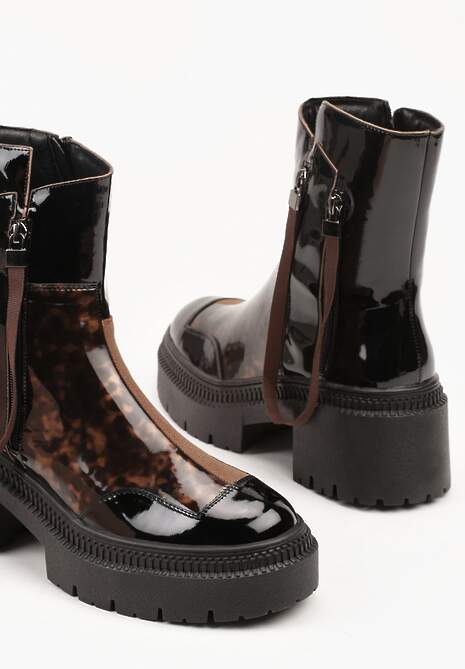 Czarno-Brązowe Botki Lakierowane Vices Ozdobione Tasiemką Rotine