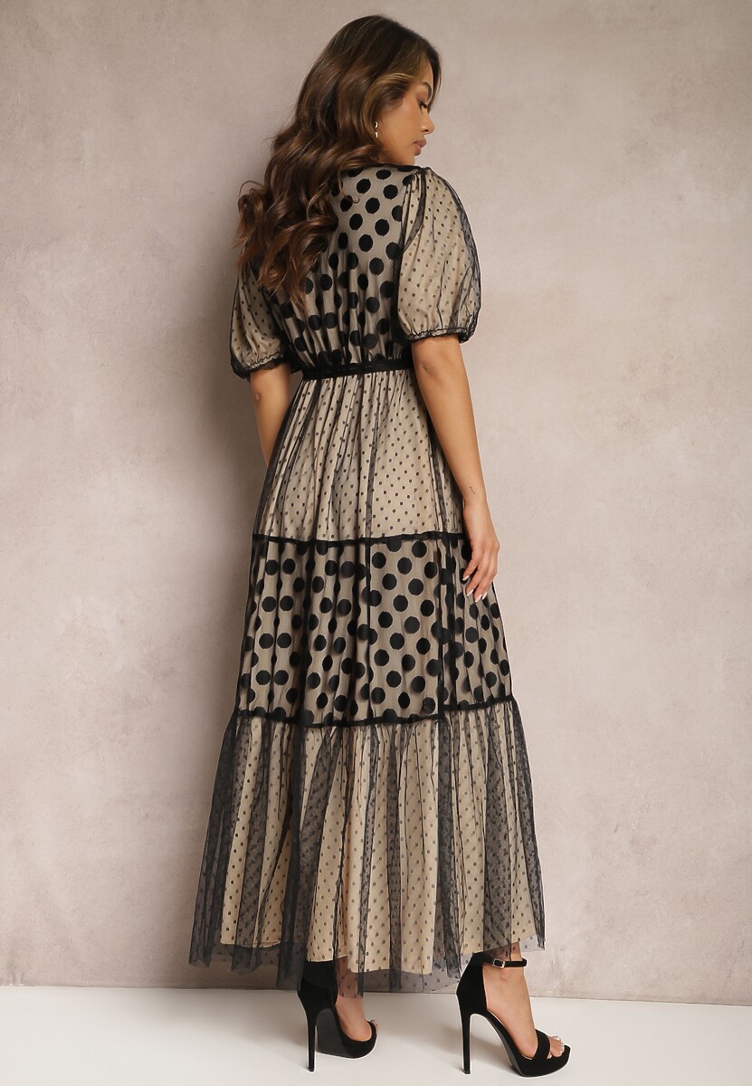 Beżowo-Czarna  Maxi Sukienka Tiulowa Rozkloszowana z Paskiem i Bufiastymi Rękawami Bervilla