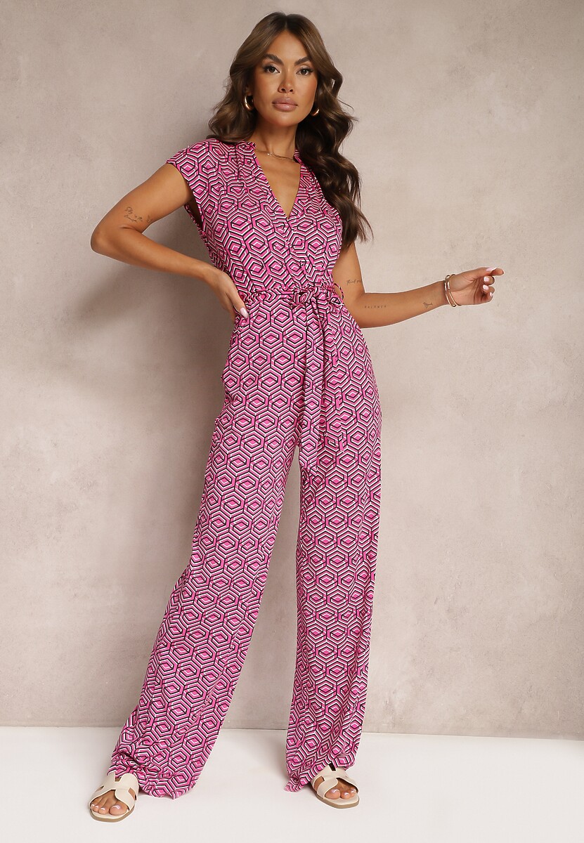 Fuksjowy Kombinezon z Dodatkiem Wiskozy z Wiązaniem w Talii w Geometryczny Wzór Trosofia