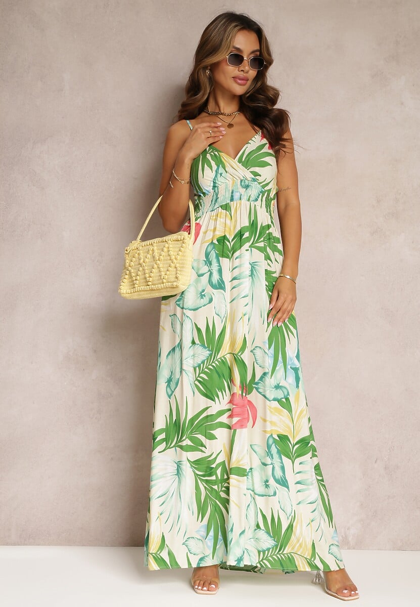 Beżowa Rozkloszowana Sukienka Maxi w Kwiaty Vadin