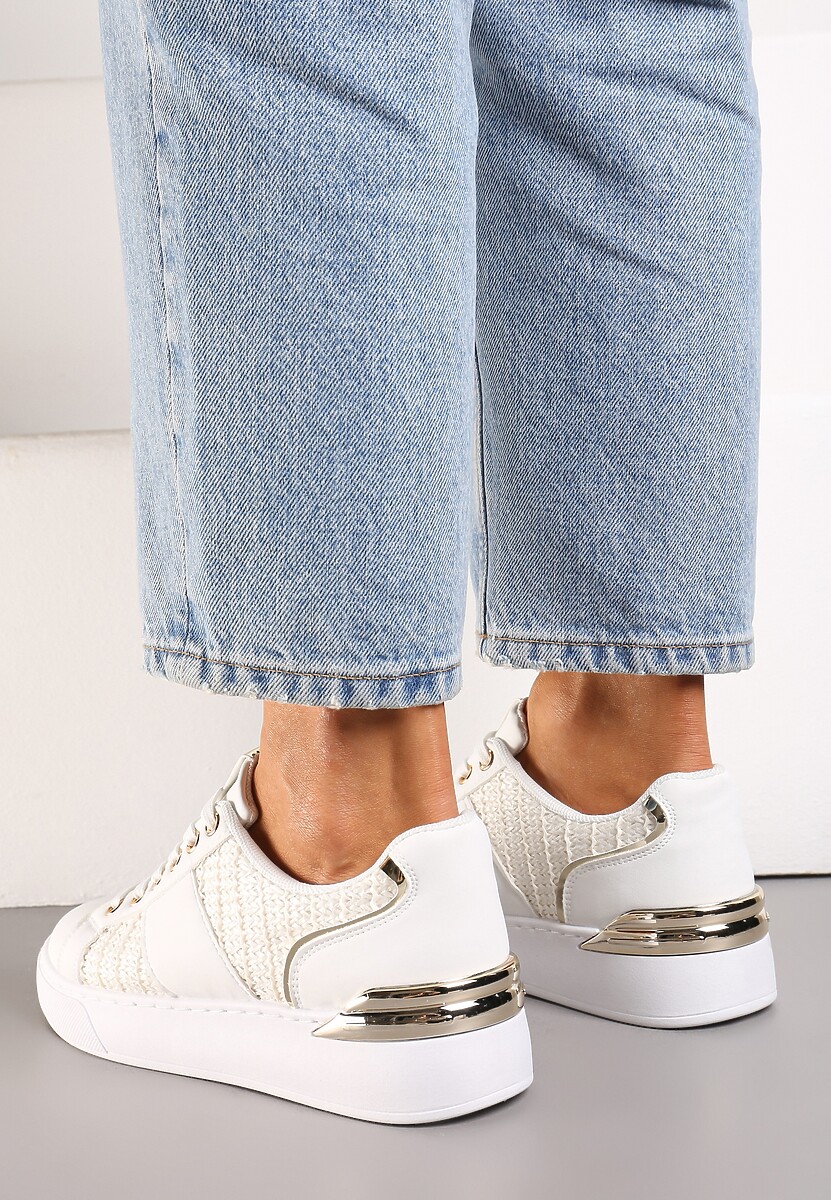 Biało-Beżowe Sznurowane Sneakersy z Ekoskóry z Plecionką i Metaliczną Wstawką Josephina
