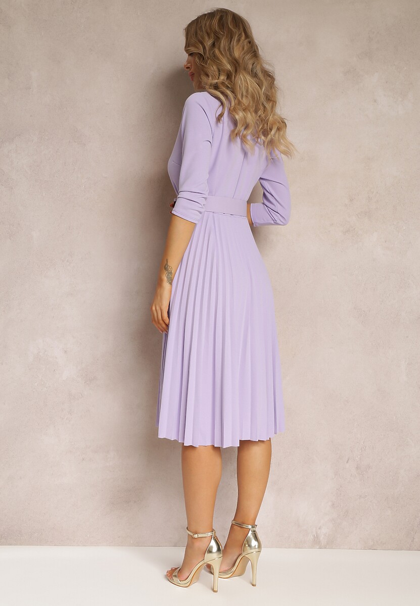 Fioletowa Sukienka Plisowana z Paskiem Valfe