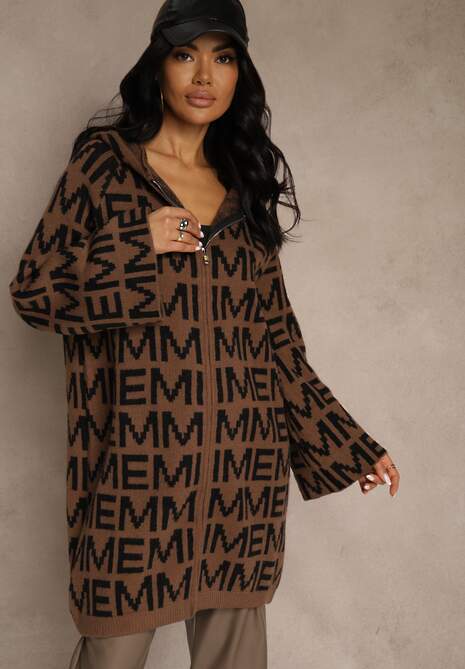 Brązowo-Czarny Kardigan na Suwak z Kapturem w Literowy Wzór Calitusa