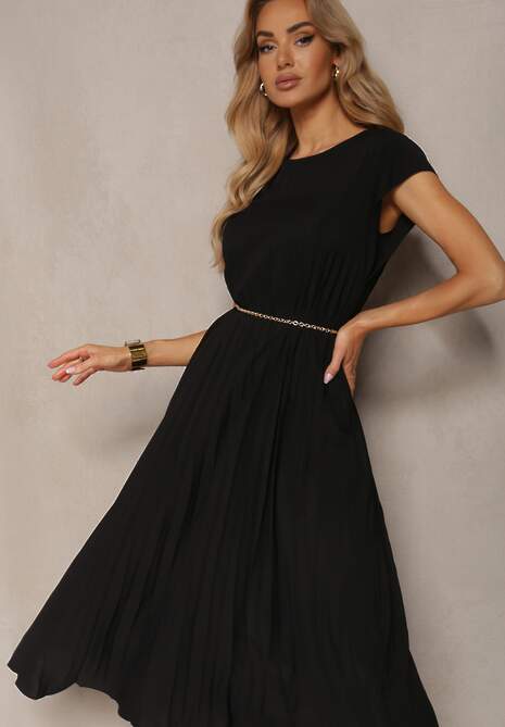 Czarna Rozkloszowana Sukienka z Plisowaniem i Krótkim Rękawem Hevina