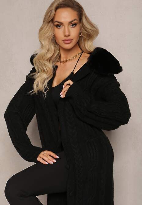 Czarny Wiskozowy Kardigan w Warkoczykowy Splot z Futrzanym Kołnierzem Nirossa
