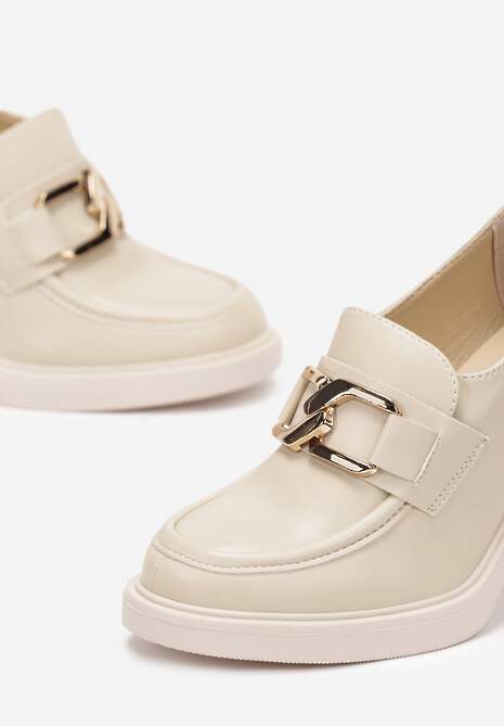 Beżowe Półbuty na Słupku z Klamerką w Stylu Mokasynów Tiggi