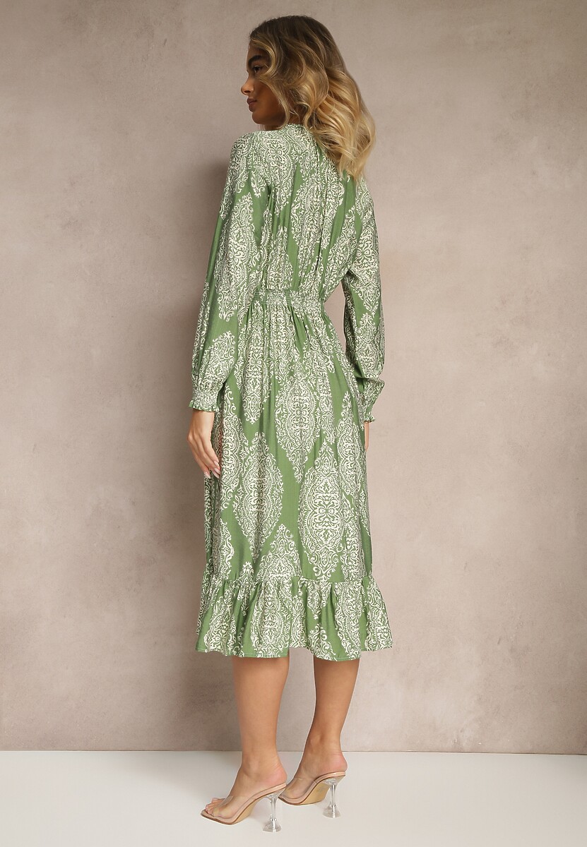Zielona Rozkloszowana Sukienka w Etniczny Print z Gumką w Talii i Falbanką Napirea