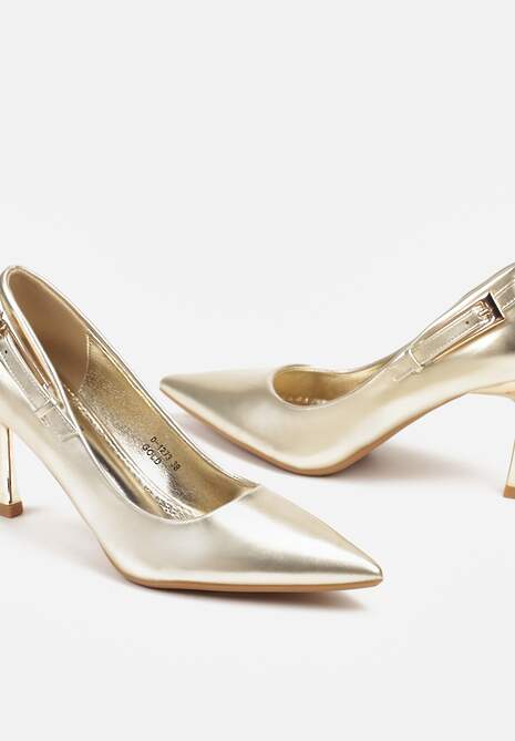 Złote Czółenka na Szpilce Wykończone Ozdobną Klamrą Neviauna