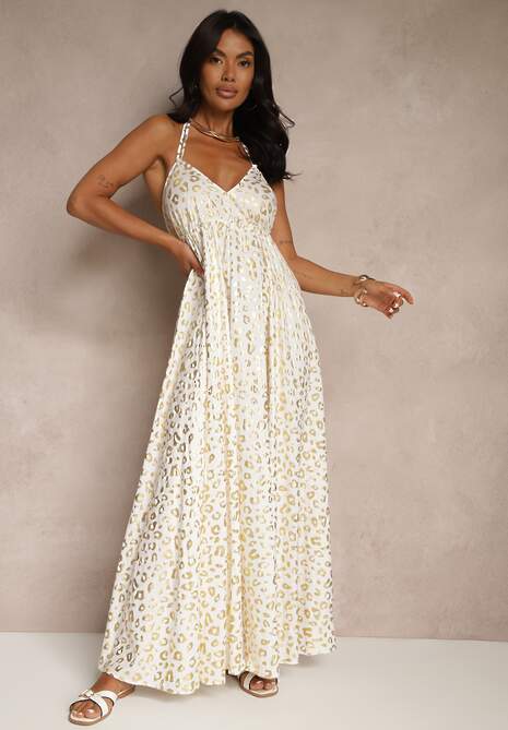 Biała Wiskozowa Sukienka Halter Zdobiona Metalicznym Nadrukiem w Panterkę Linaruna