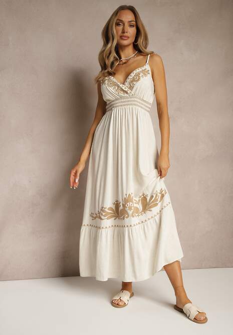 Beżowa Sukienka z Wiskozą i Lnem z Kopertowym Dekoltem Ozdobiona Haftem Sollio