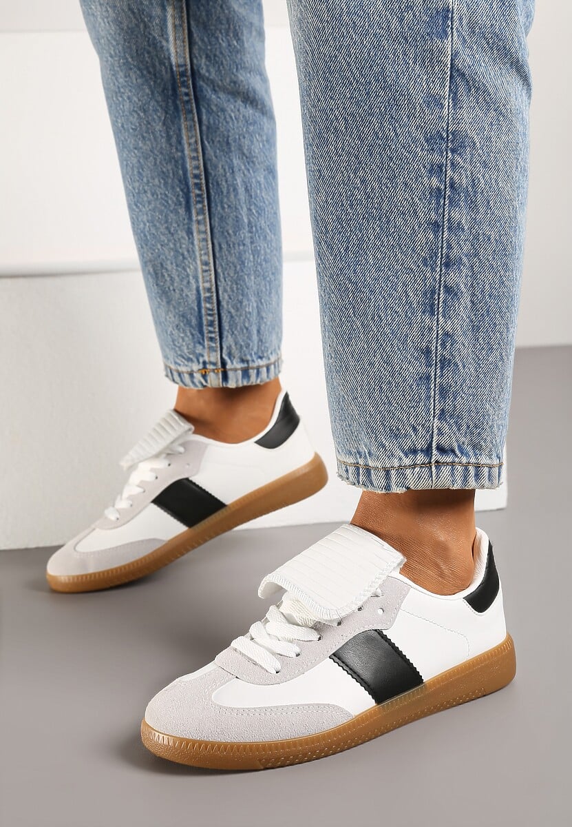 Biało-Czarne Sznurowane Płaskie Sneakersy z Geometrycznym Wzorem Felilva
