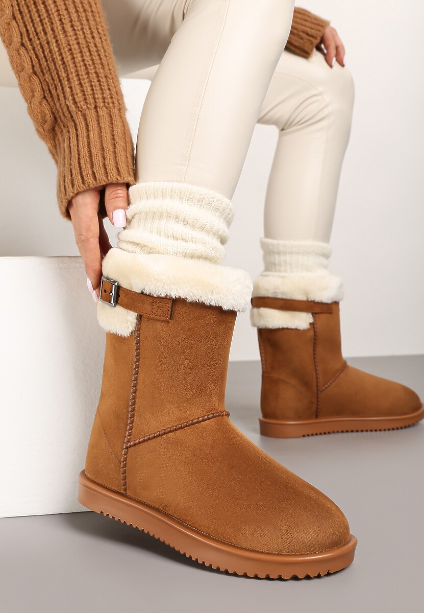 Brązowe Śniegowce z Ekozamszu Zdobione Futerkiem i Paskiem ze Sprzączką Leathor