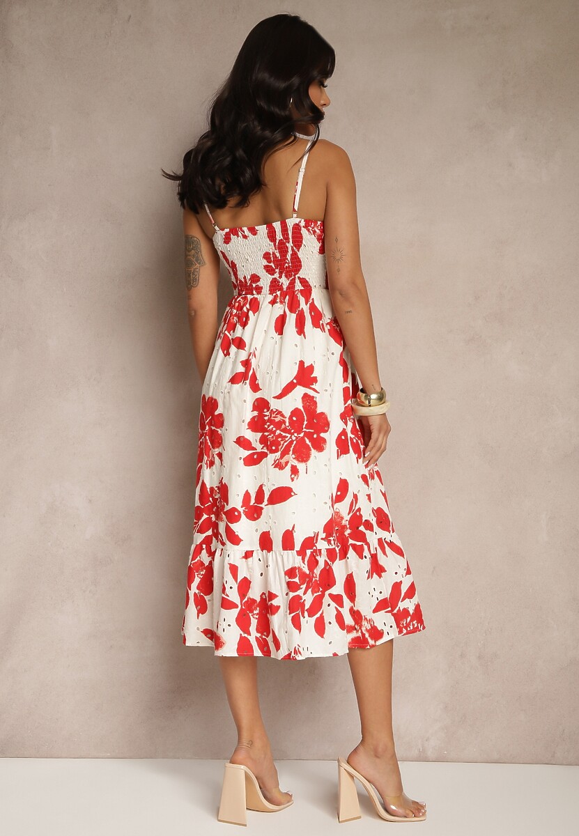 Czerwona Rozkloszowana Sukienka na Ramiączkach z Ażurowej Tkaniny z Bawełny Nitira