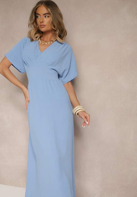 Niebieska Sukienka z Bawełną i Marszczoną Górą Filaviela