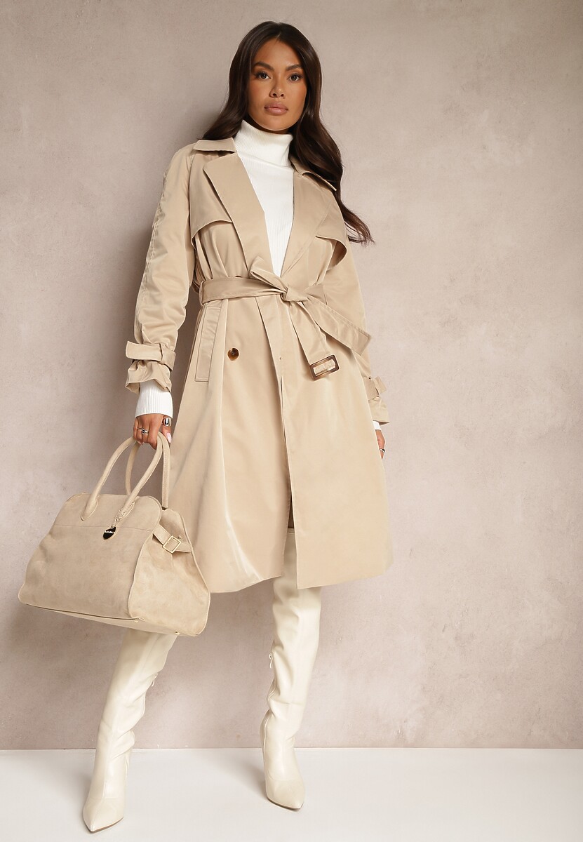 Beżowy Płaszcz Długi Trencz z Paskiem Antroshi