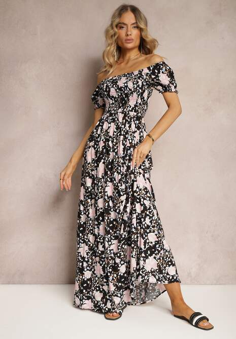 Czarno-Biała Kwiecista Sukienka o Rozkloszowanym Kroju z Marszczoną Górą Eliseria