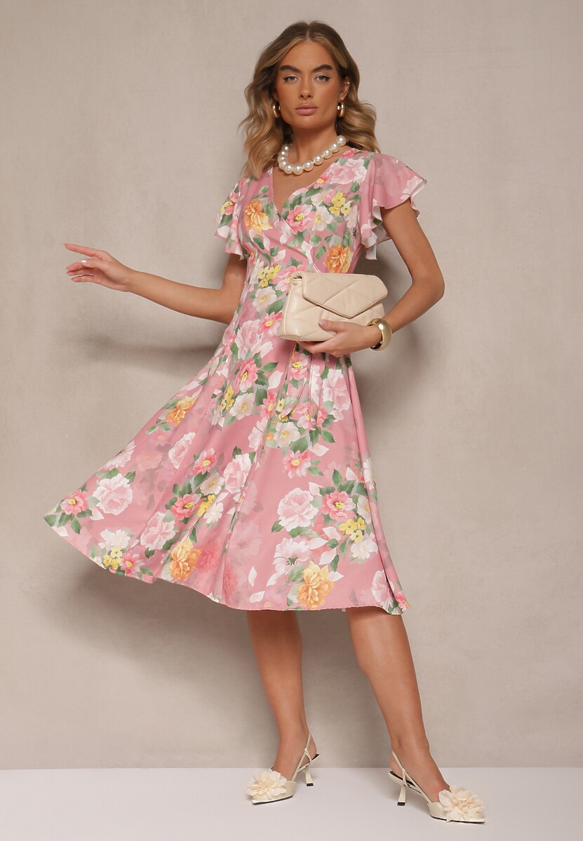 Różowa Kopertowa Sukienka w Kwiaty Atesalia