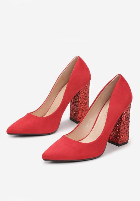 Czerwone Czółenka ze Szpiczastym Noskiem i Brokatowym Słupkiem Tialia