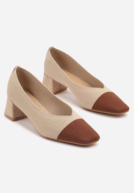 Ciemnobeżowe Czółenka na Słupkowym Obcasie z Ozdobnym Noskiem Korienna