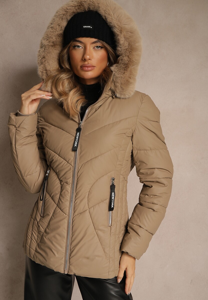 Czarna Ocieplona Kurtka z Kapturem i Futrzanym Kołnierzem Elzira