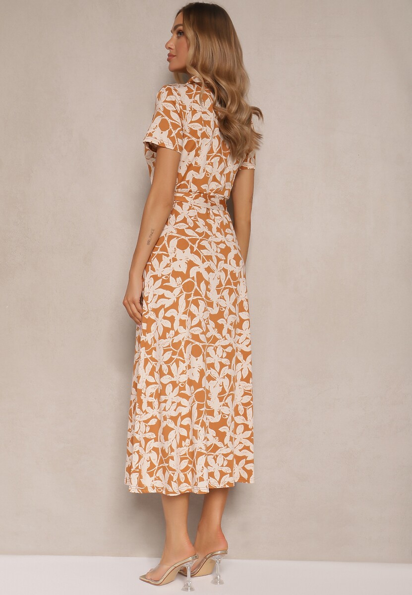 Beżowa Kwiecista Sukienka z Wiskozą o Koszulowym Kroju z Wiązanym Paskiem Zeranella