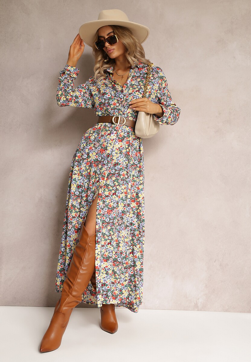 Żółto-Niebieska Sukienka Koszulowa w Kwiaty Mirannie