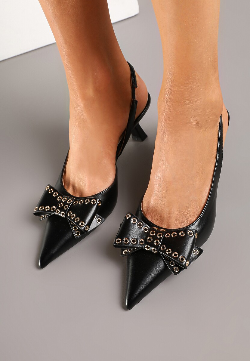 Czarne Sandały Slingback na Kaczuszce Zdobione Kokardą z Nitami Rizonna