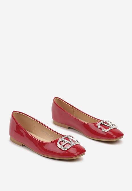 Czerwone Balerinki Lakierowane na Płaskiej Podeszwie z Aplikacją z Cyrkonii Mariselina