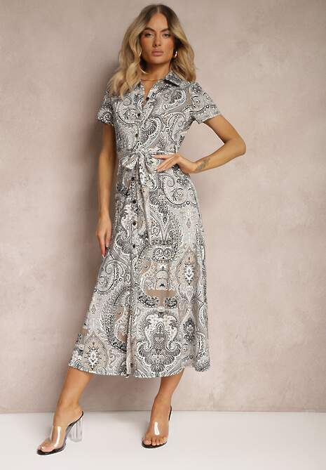 Czarno-Biała Rozkloszowana Sukienka z Materiałowym Paskiem Zapinana na Guziki Honlea