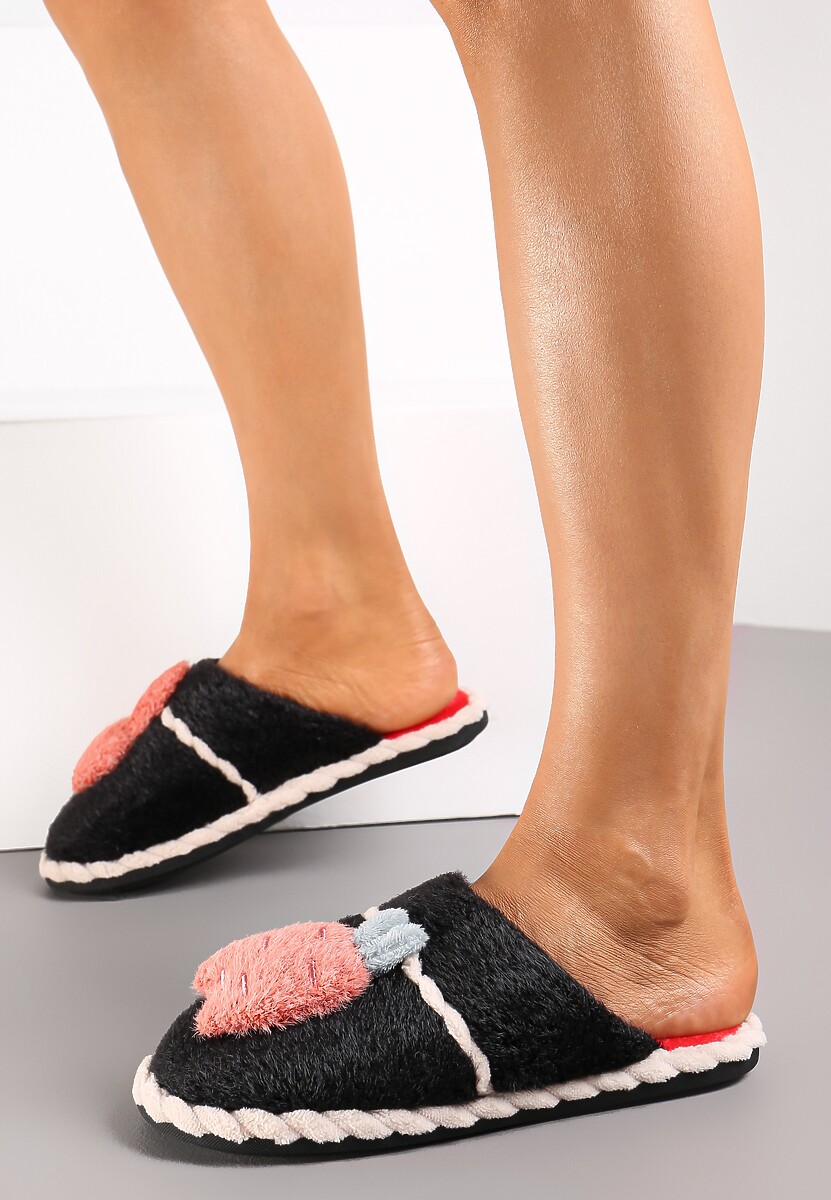 Czarne Kapcie z Futerkiem i Ozdobą Zretol